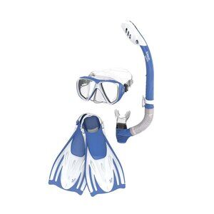 Speedo Adult Mask Snorkel and Fin Set-Blue/White-S/M-Polycarbonate Silicone Rubb